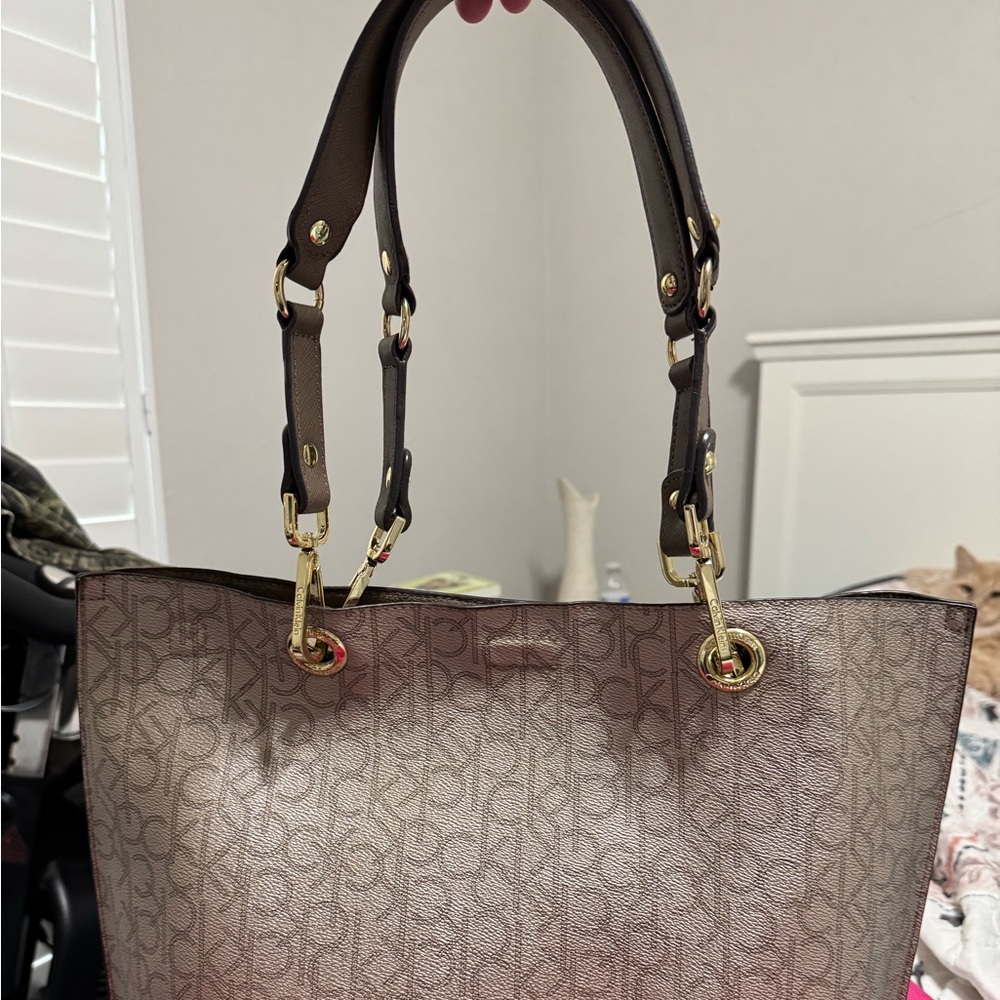 Calvin Klein Brown Monogram Tote with Gold Hardware